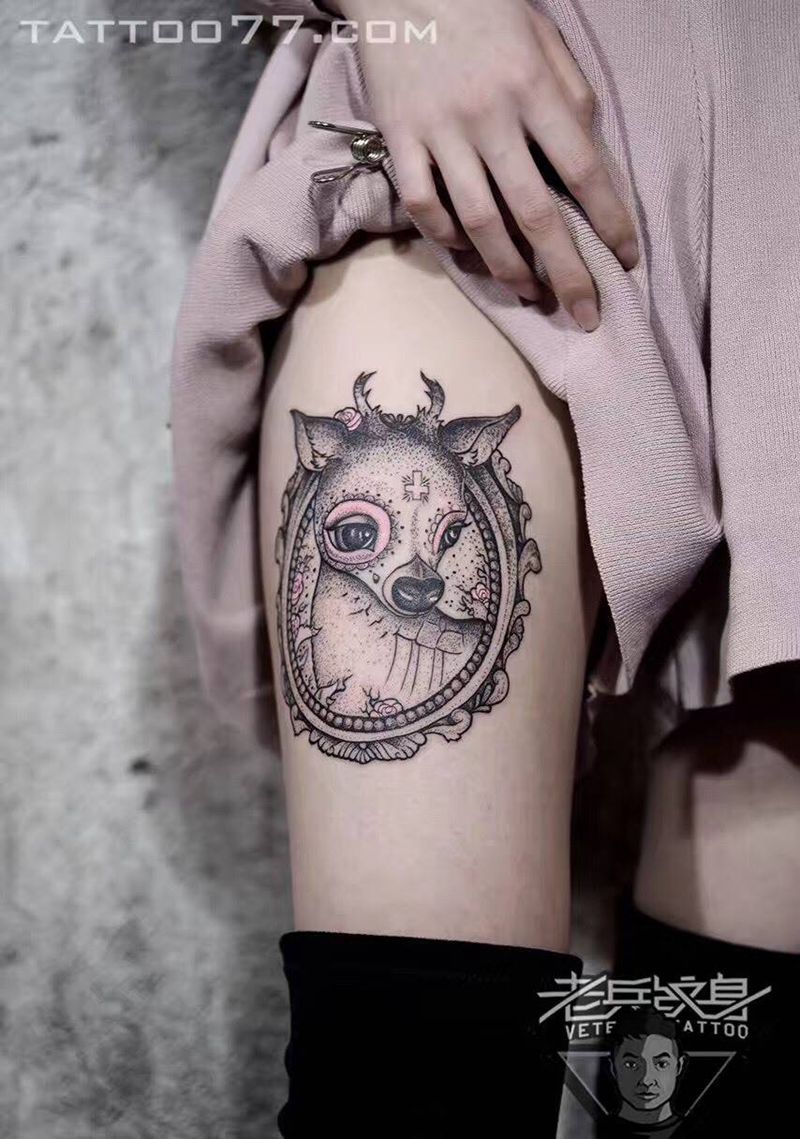 性感不过大腿：美女鹿纹身纹身图片_成品腿部欧美清新动物原创纹身图案