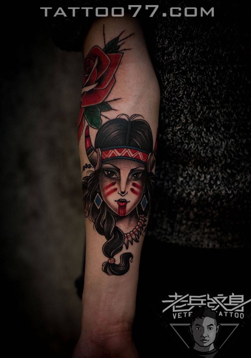 印第安女郎纹身作品纹身图片_成品手部肖像人物纹身图案