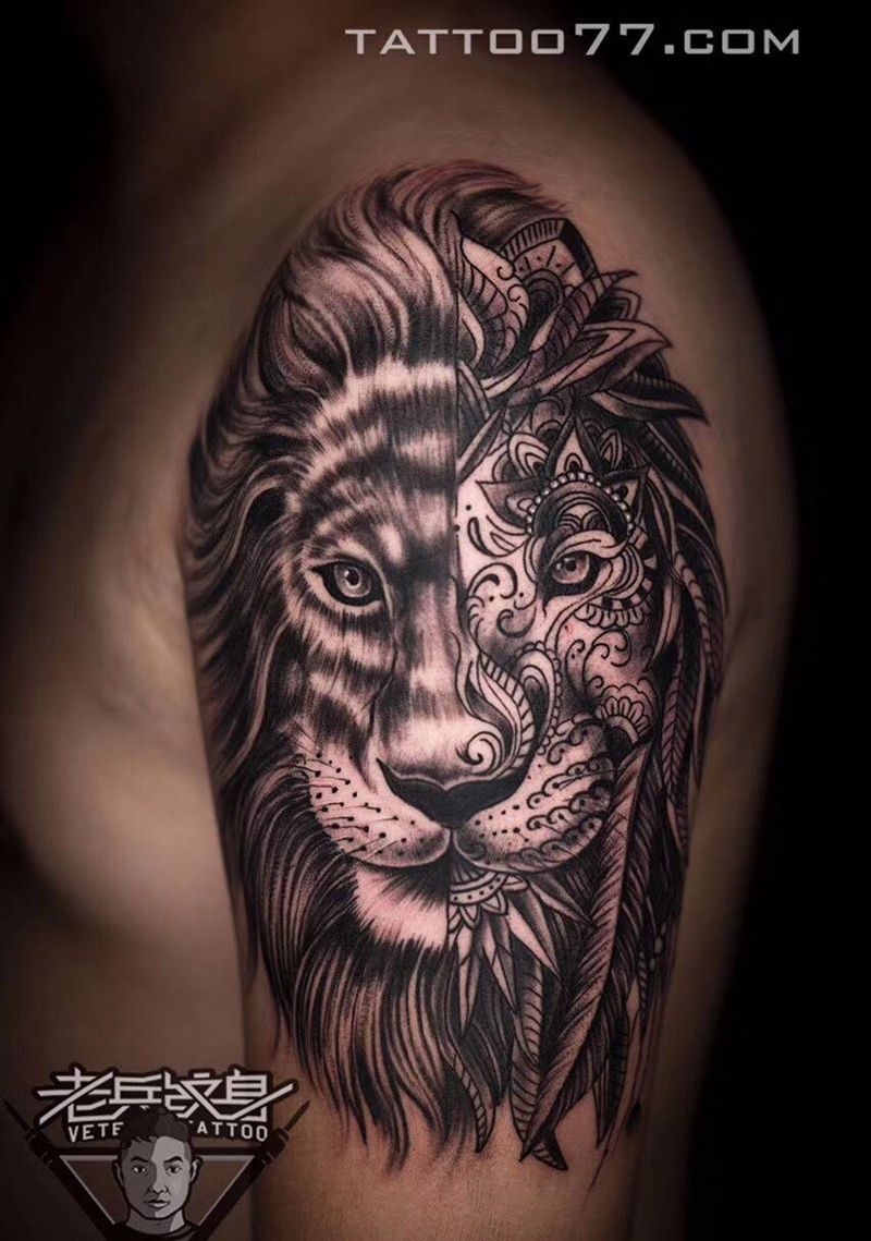 大臂狮子纹身作品纹身图片
