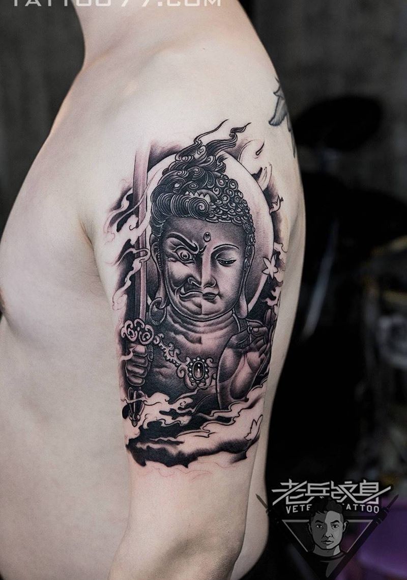 大臂佛魔纹身作品纹身图片_成品手臂传统鬼神纹身图案