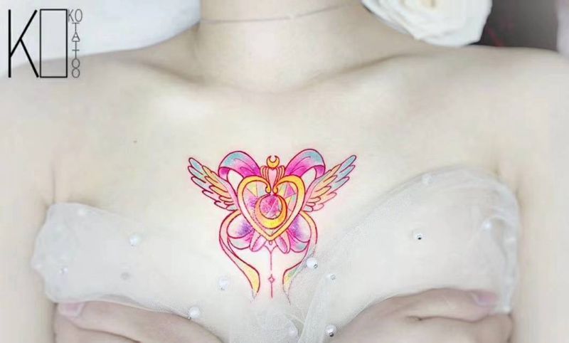 变身器纹身图片_胸部水彩少女定制设计遮盖设计纹身图案