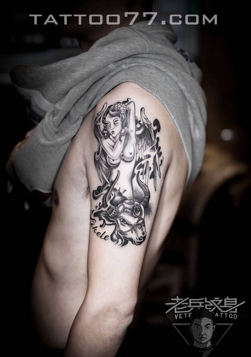 大臂天使纹身作品纹身图片_成品手臂肖像欧美人物纹身图案