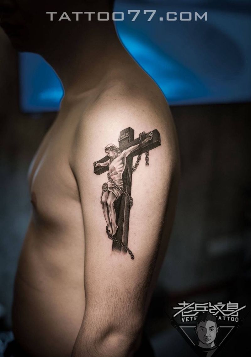 耶稣纹身作品纹身图片_成品手臂肖像欧美人物宗教纹身图案