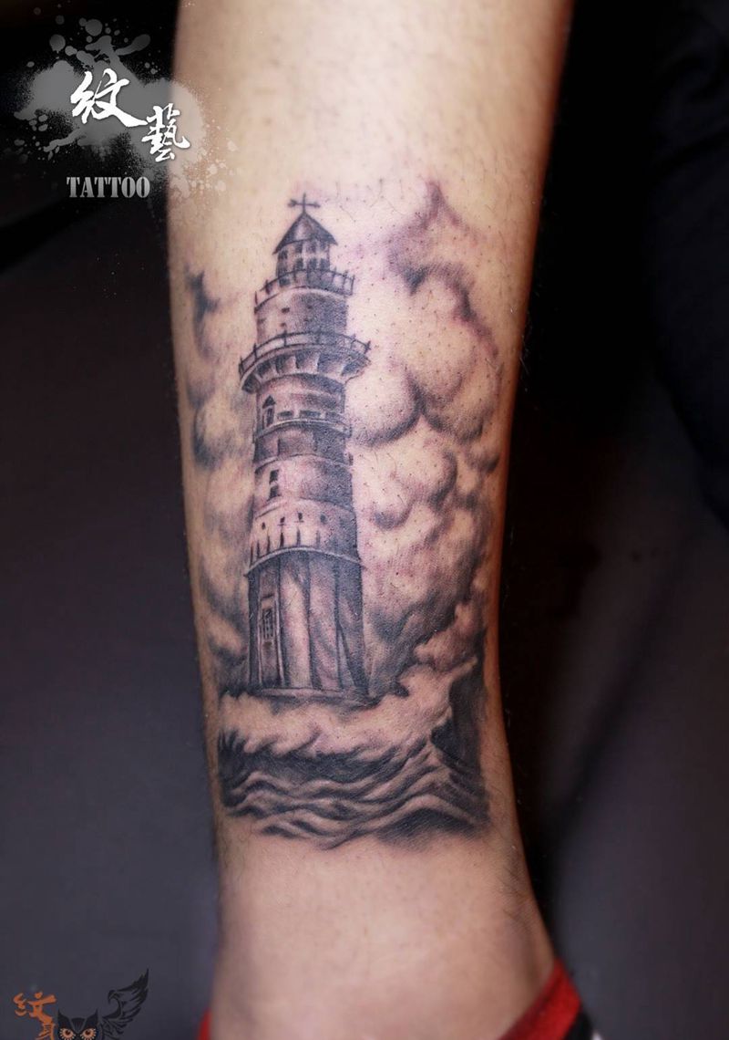 插画，灯塔…纹身图片_脚部欧美插画纹身图案