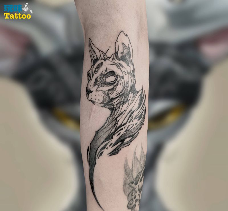 无毛猫纹身图片_手臂点刺纹身图案