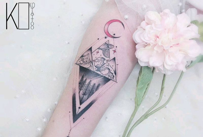 世界纹身图片_手部手臂点刺山海几何纹身图案