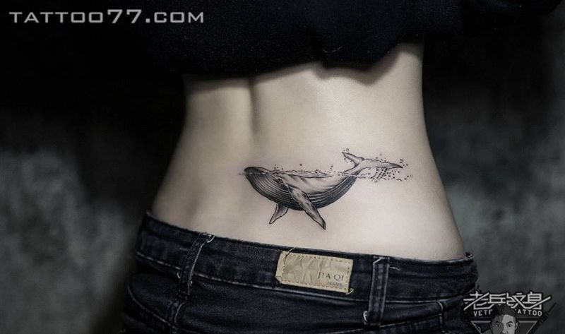 后腰鲸鱼纹身作品纹身图片_成品腰部清新动物纹身图案