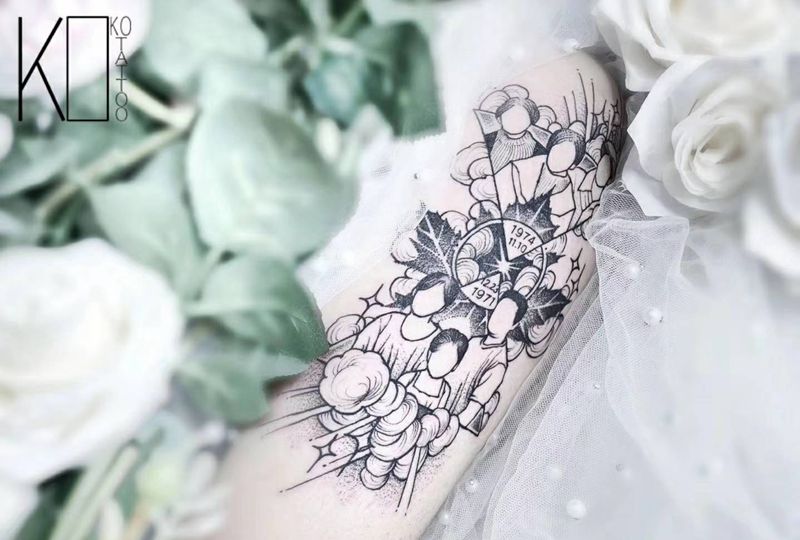 家人纹身图片_手臂点刺家人定制设计针痕风格纹身图案