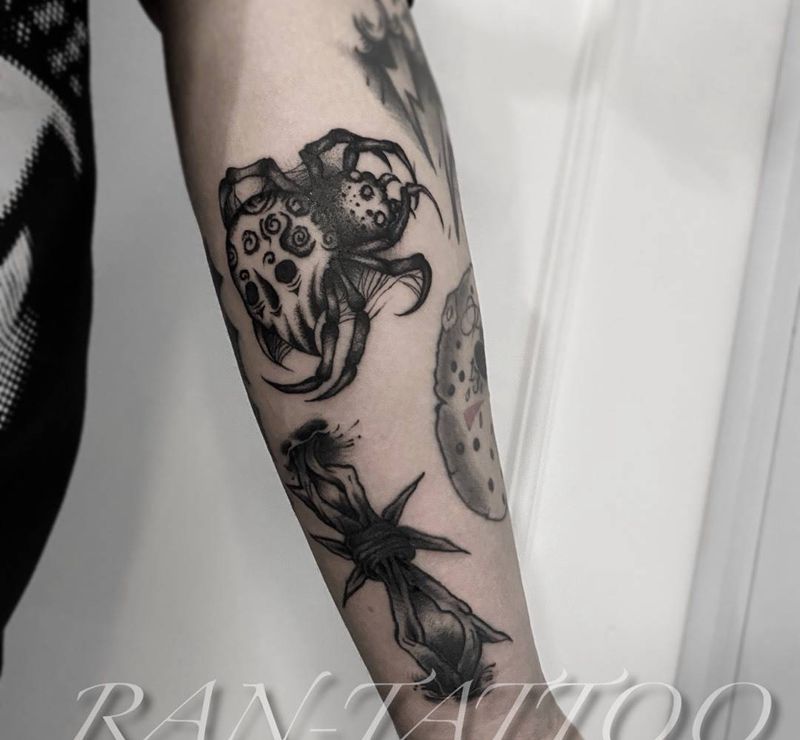 暗黑蜘蛛和荆棘纹身图片_手臂点刺纹身图案