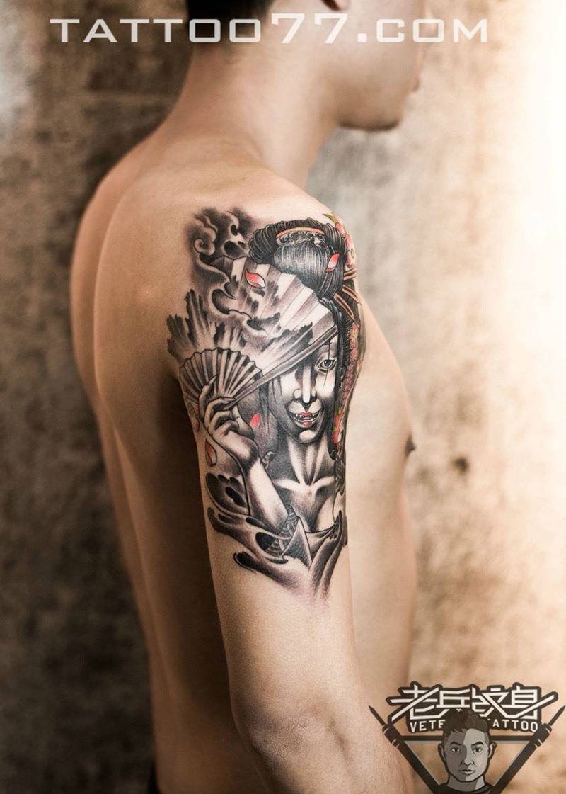 大臂艺妓纹身作品纹身图片_成品手臂肖像人物纹身图案