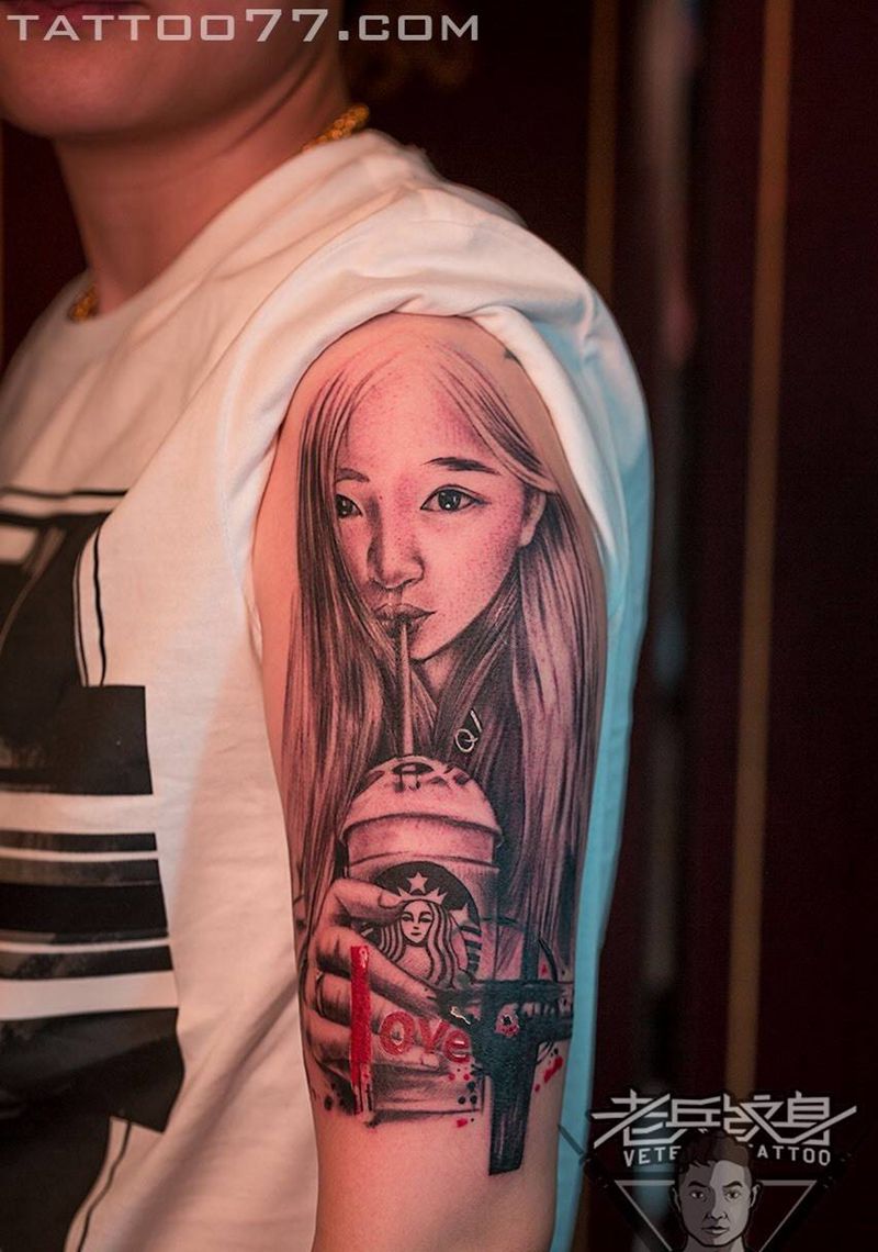 爱喝星巴克的杭州妹纸纹身图片_成品手臂欧美写实人物原创纹身图案