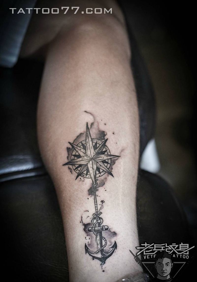 小腿船锚纹身作品纹身图片
