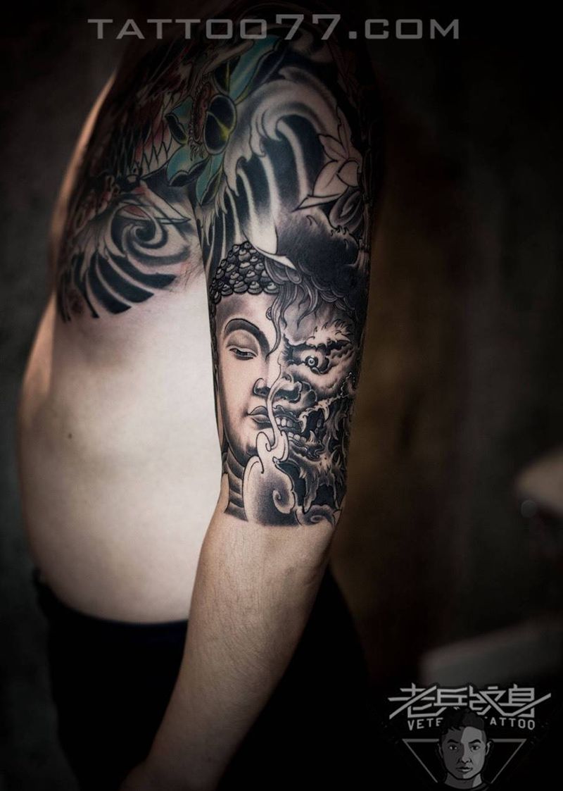 大臂佛魔纹身作品纹身图片_成品手臂传统鬼神纹身图案