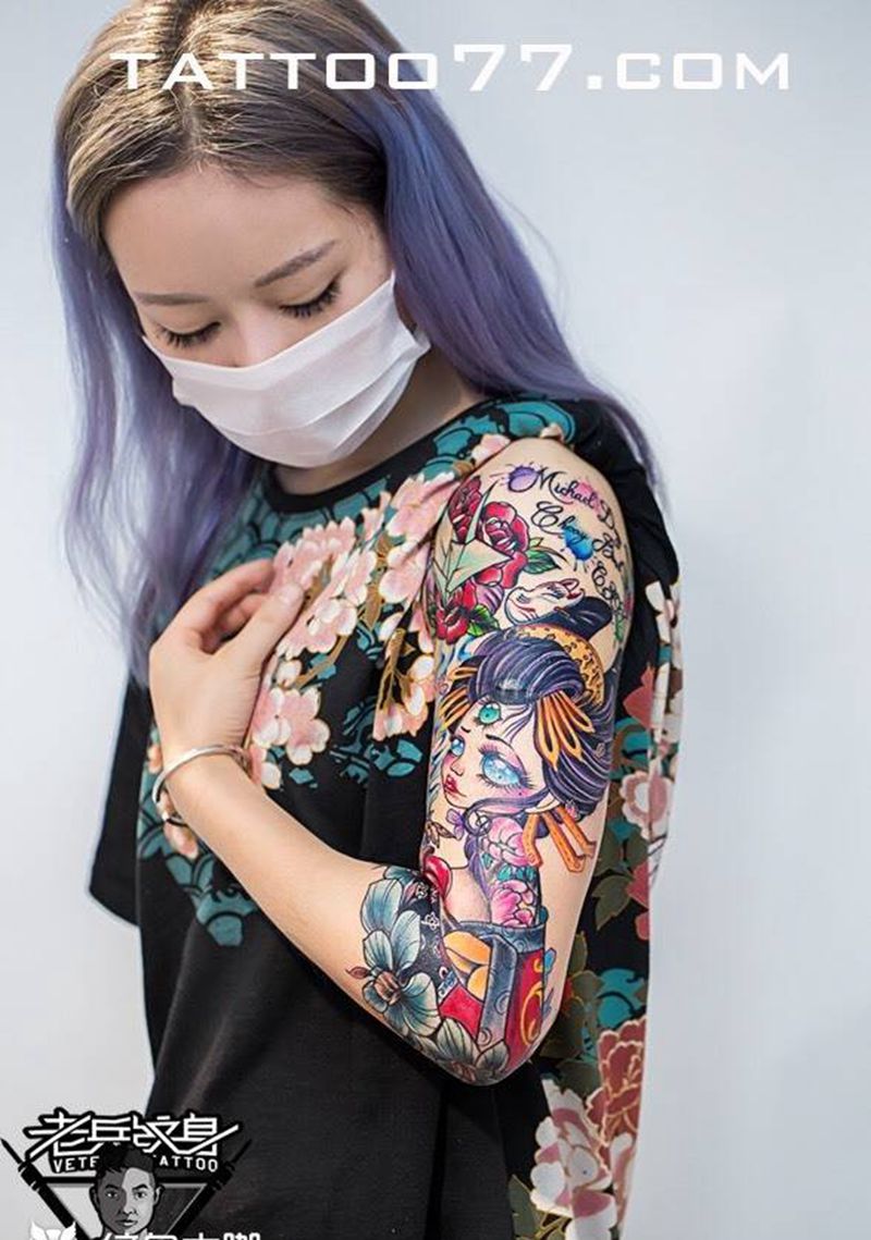 妹纸的艺妓纹身图片_成品手臂欧美人物原创纹身图案