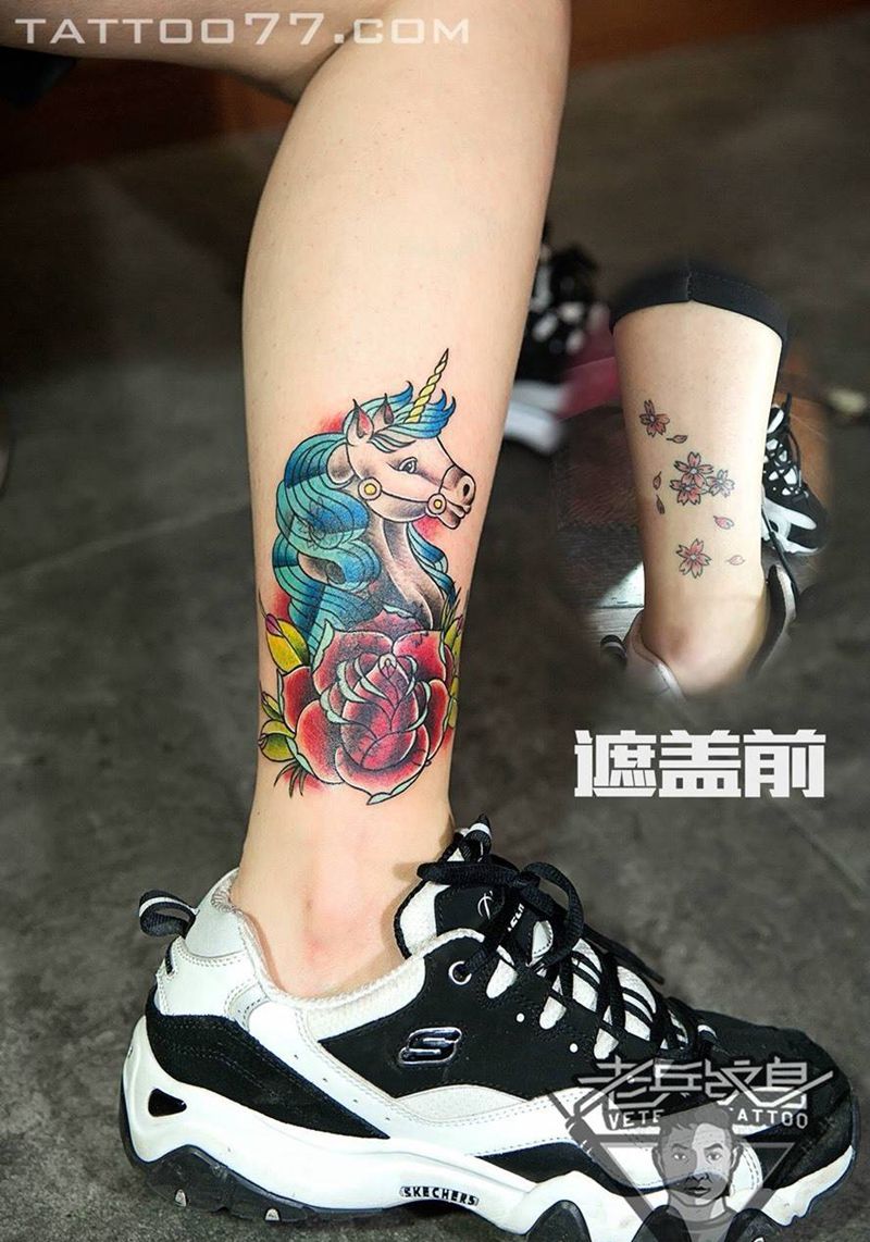 小腿独角兽纹身作品纹身图片_成品腿部清新动物纹身图案