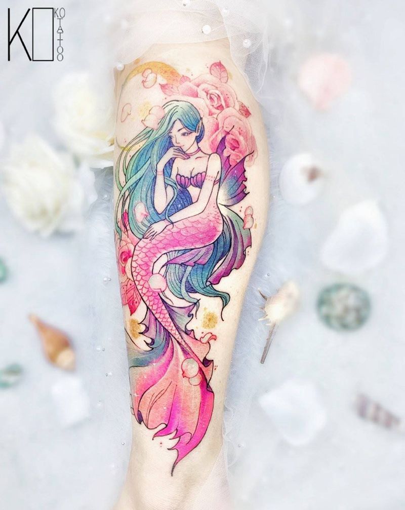 美人鱼纹身图片_腿部水彩水彩少女定制纹身图案