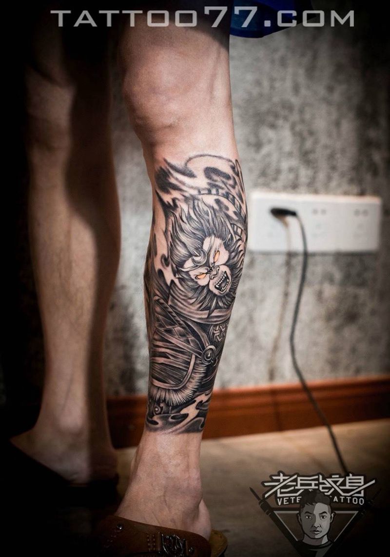小腿斗战胜佛纹身作品纹身图片_成品腿部传统人物纹身图案