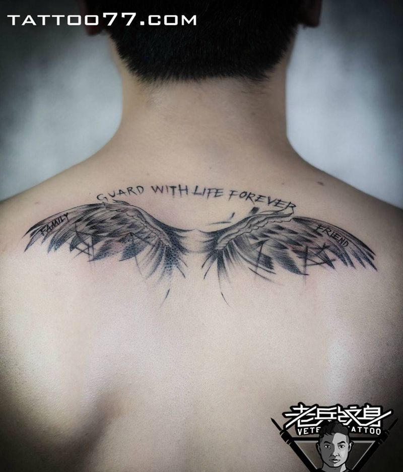 后背翅膀纹身作品纹身图片_成品背部欧美静物纹身图案