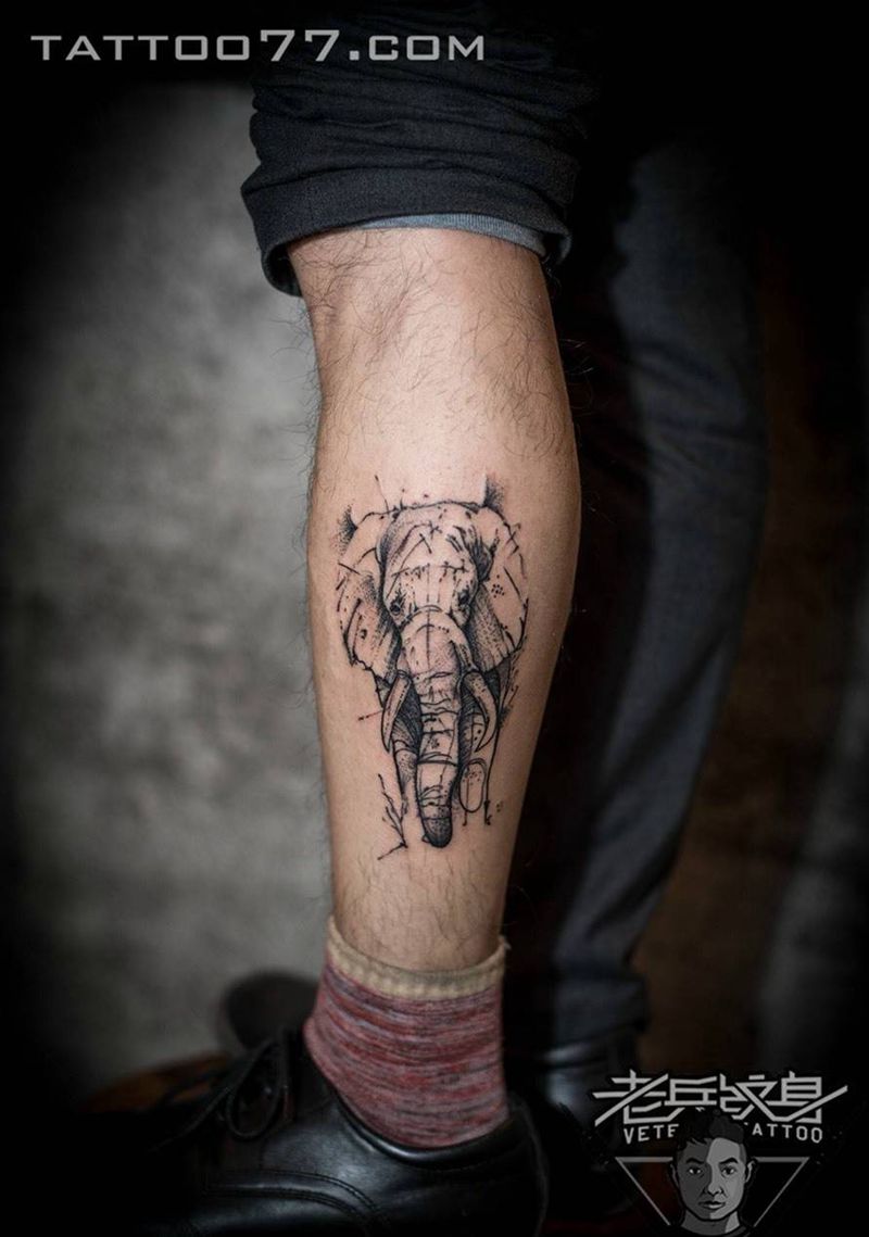 小腿象神纹身作品纹身图片_成品腿部清新动物纹身图案