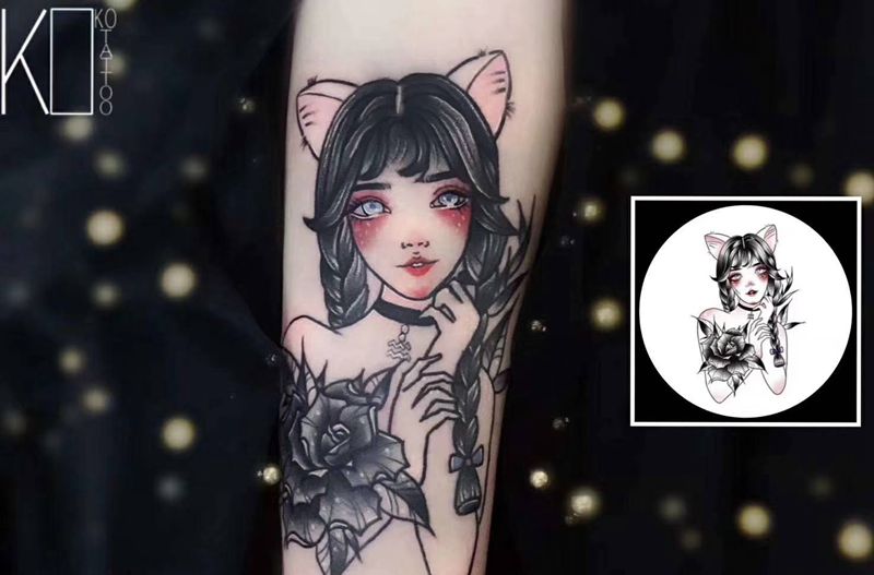 水瓶座纹身图片_手臂点刺Old School水瓶座定制肖像定制纹身图案