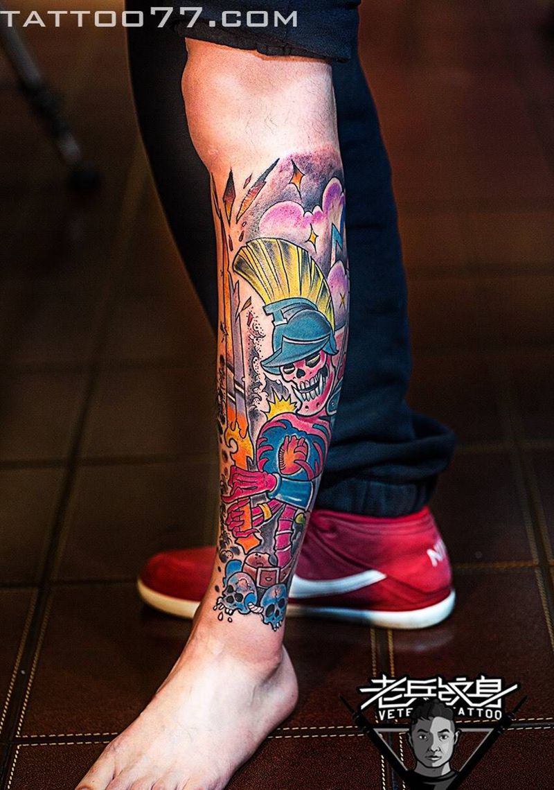 剑客纹身图片_成品腿部欧美鬼神人物纹身图案