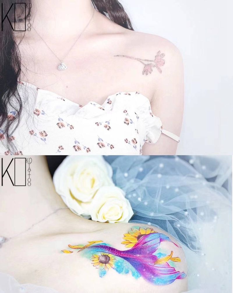 美人鱼尾——遮盖纹身图片_肩部水彩美人鱼遮盖设计水彩纹身图案