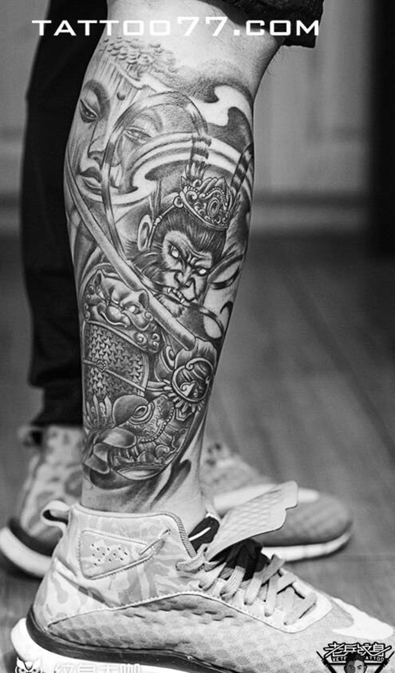 小腿孙悟空纹身纹身图片_成品腿部传统人物纹身图案