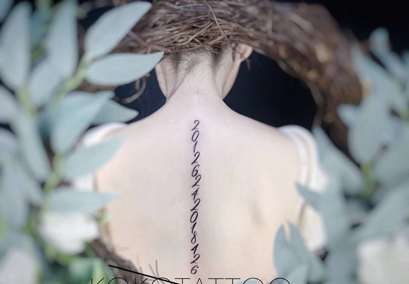 生日纹身图片_背部图腾生日后背脊椎纹身图案