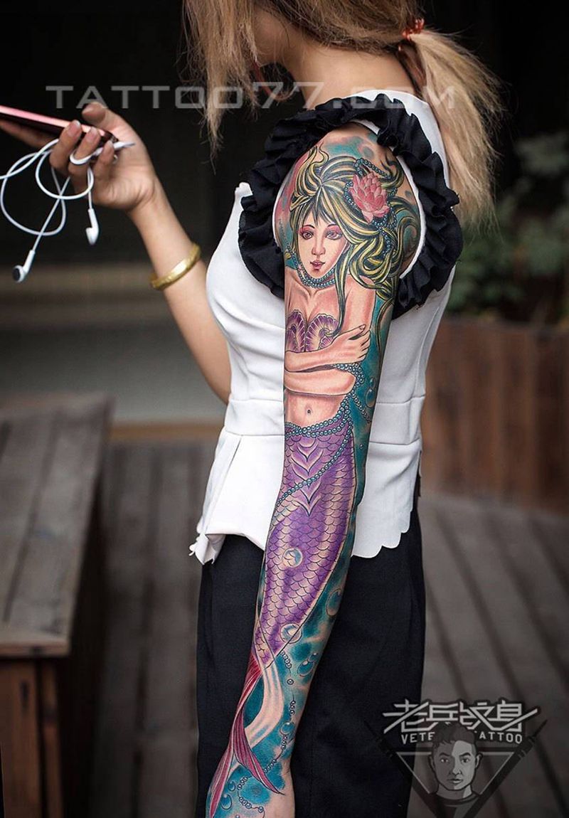 花臂美人鱼纹身作品纹身图片_成品手臂欧美人物肖像纹身图案