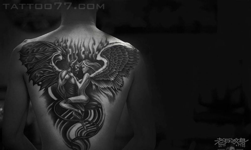 满背恶魔天使纹身作品纹身图片