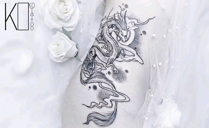 小白龙纹身图片_腰部臀部点刺龙点刺烟雾纹身图案