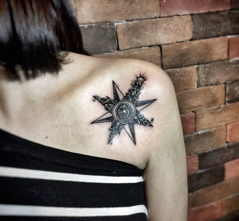 航海针纹身图片_成品颈部欧美纹身图案