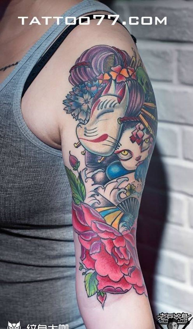 艺妓猫咪纹身图片_手臂欧美成品动物纹身图案
