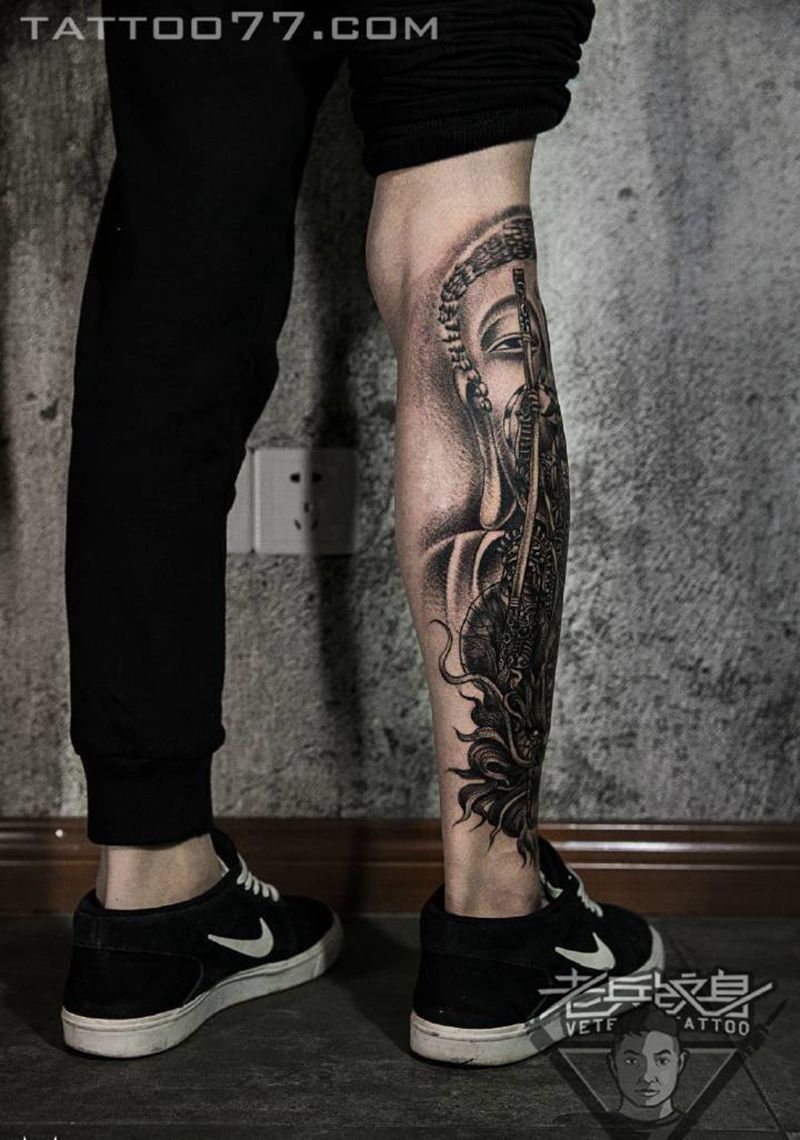 小花腿孙悟空纹身作品纹身图片_成品腿部传统鬼神人物纹身图案