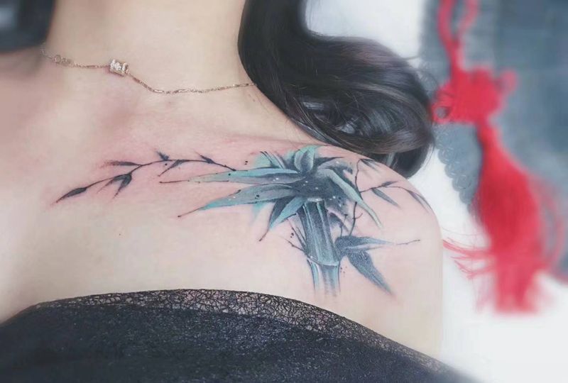 墨竹纹身图片_肩部水墨水彩一人一图遮盖设计定制设计纹身图案