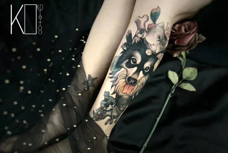 宠物纹身图片_腿部水彩宠物狗猫纹身图案