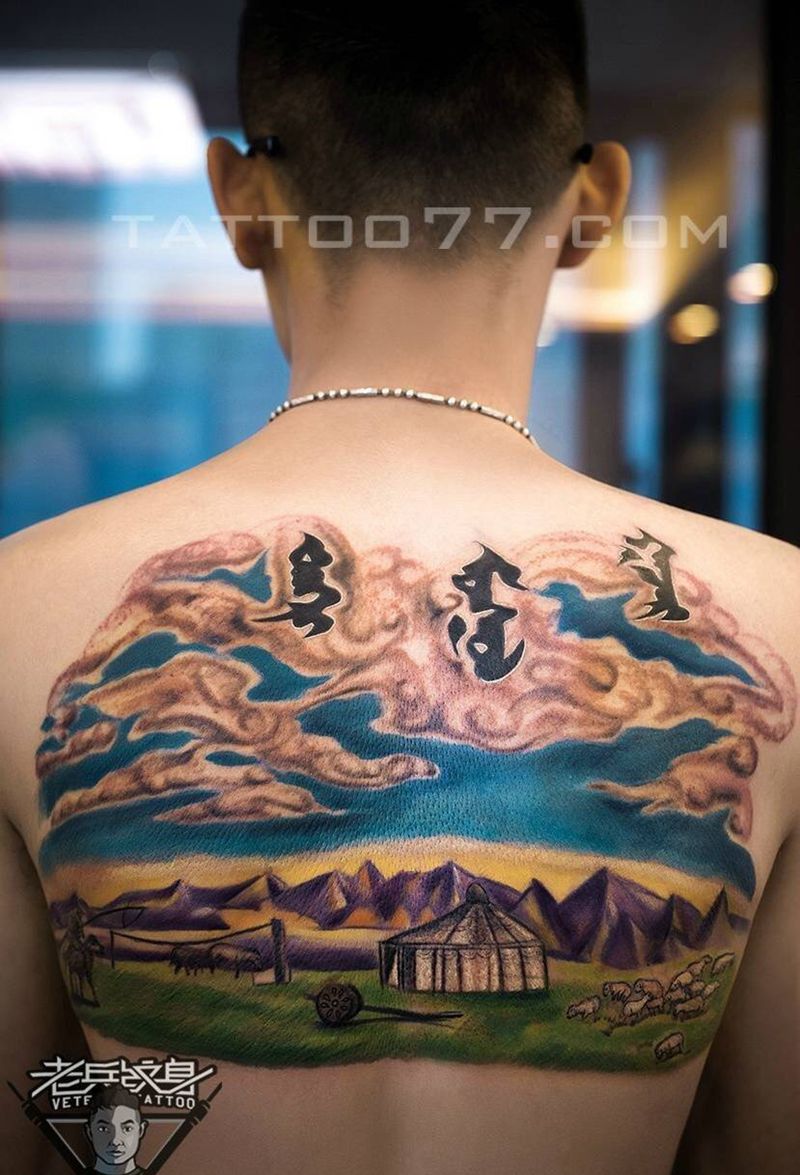 草原蒙古包纹身作品纹身图片_成品背部传统静物纹身图案