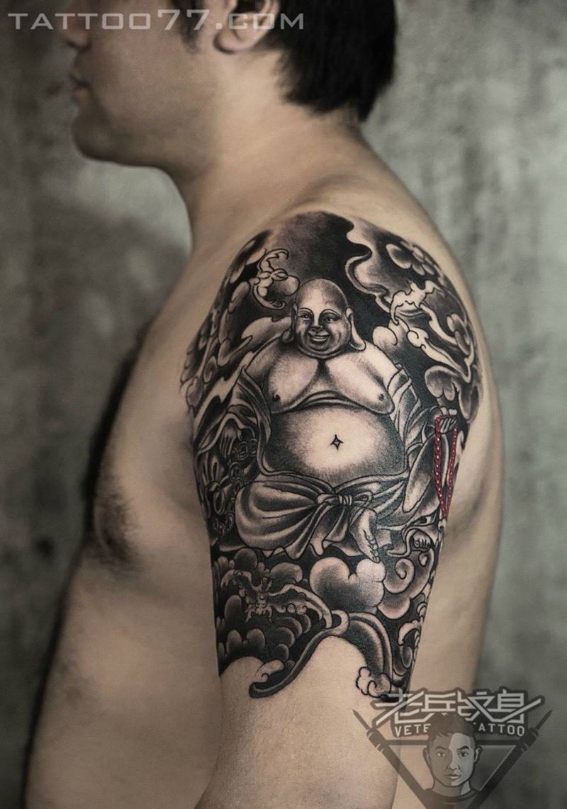 大臂弥勒佛纹身作品纹身图片_成品手臂传统人物纹身图案