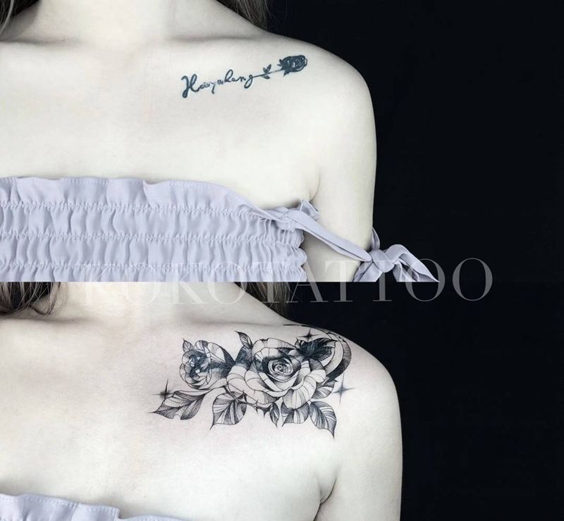 花卉纹身图片_肩部点刺花卉遮盖针痕纹身图案