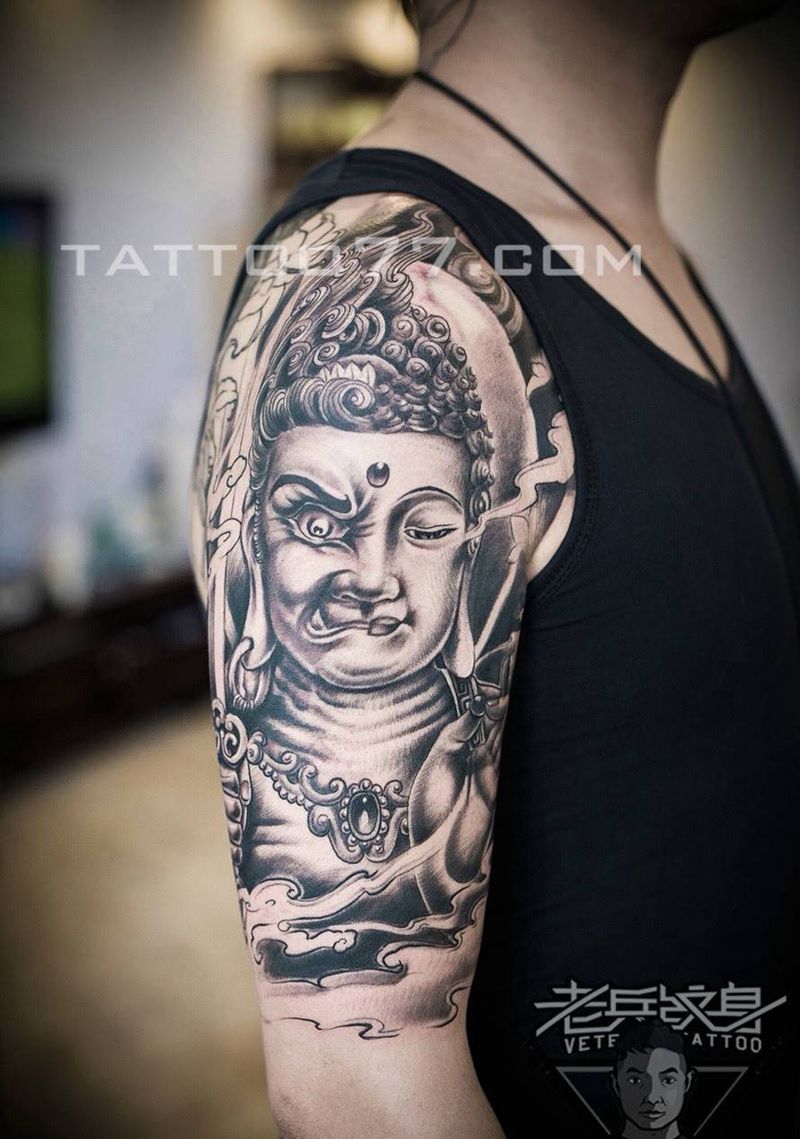 传统花臂佛孙悟空纹身作品纹身图片_成品手臂传统鬼神纹身图案