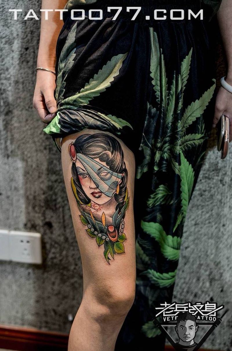 大腿欧美女郎纹身作品纹身图片_成品腿部肖像人物纹身图案