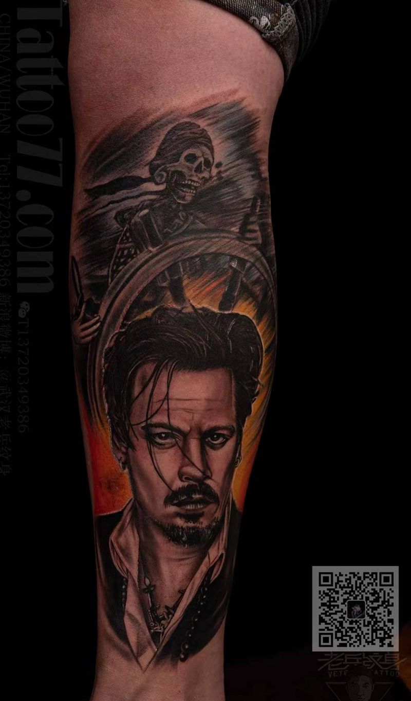jack船长纹身纹身图片_腿部欧美写实纹身图案
