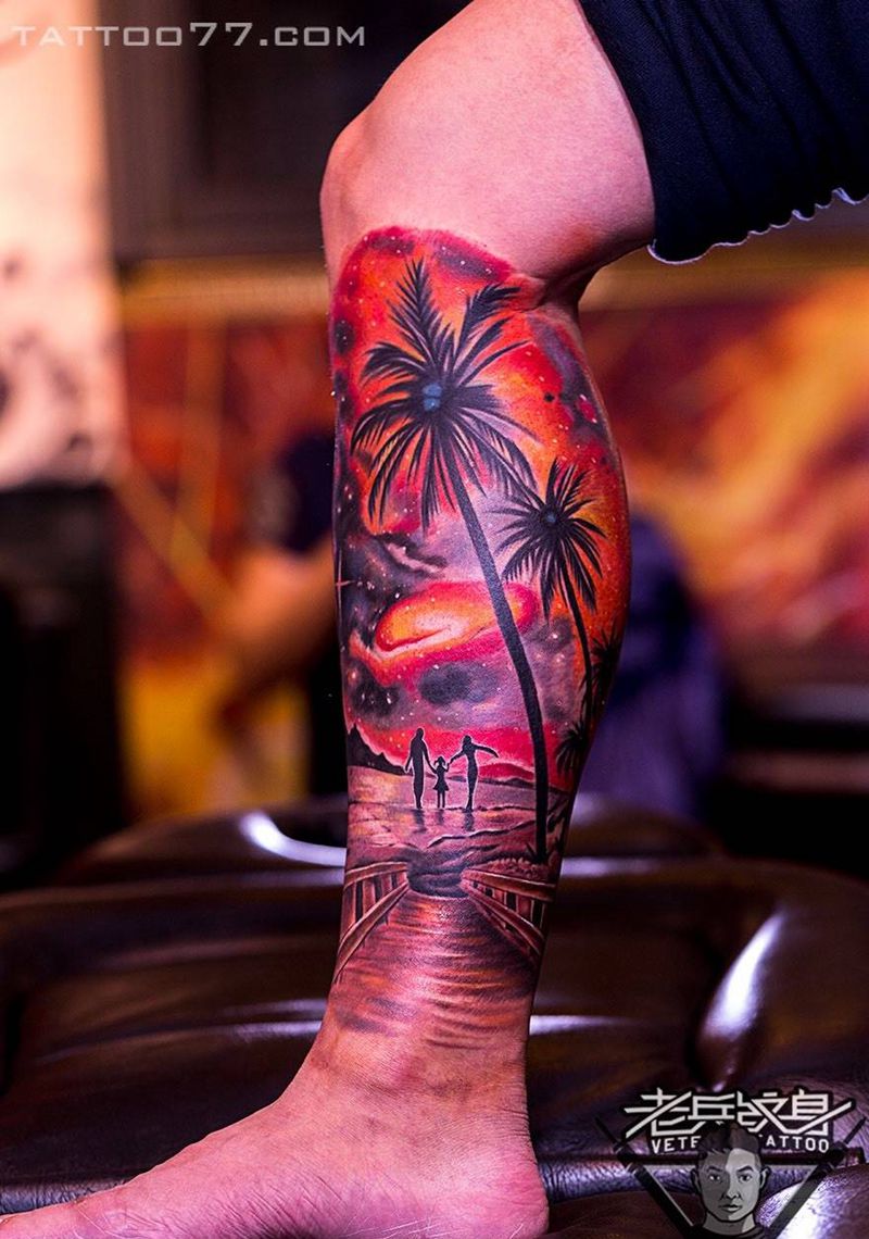 家—星空花腿纹身图片_成品腿部欧美人物纹身图案