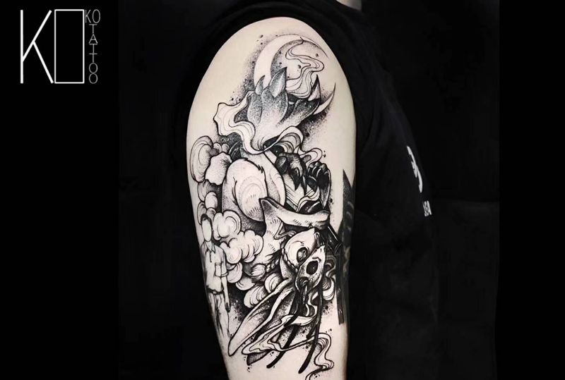 兔子纹身图片_手臂点刺暗黑兔子一人一图纹身图案