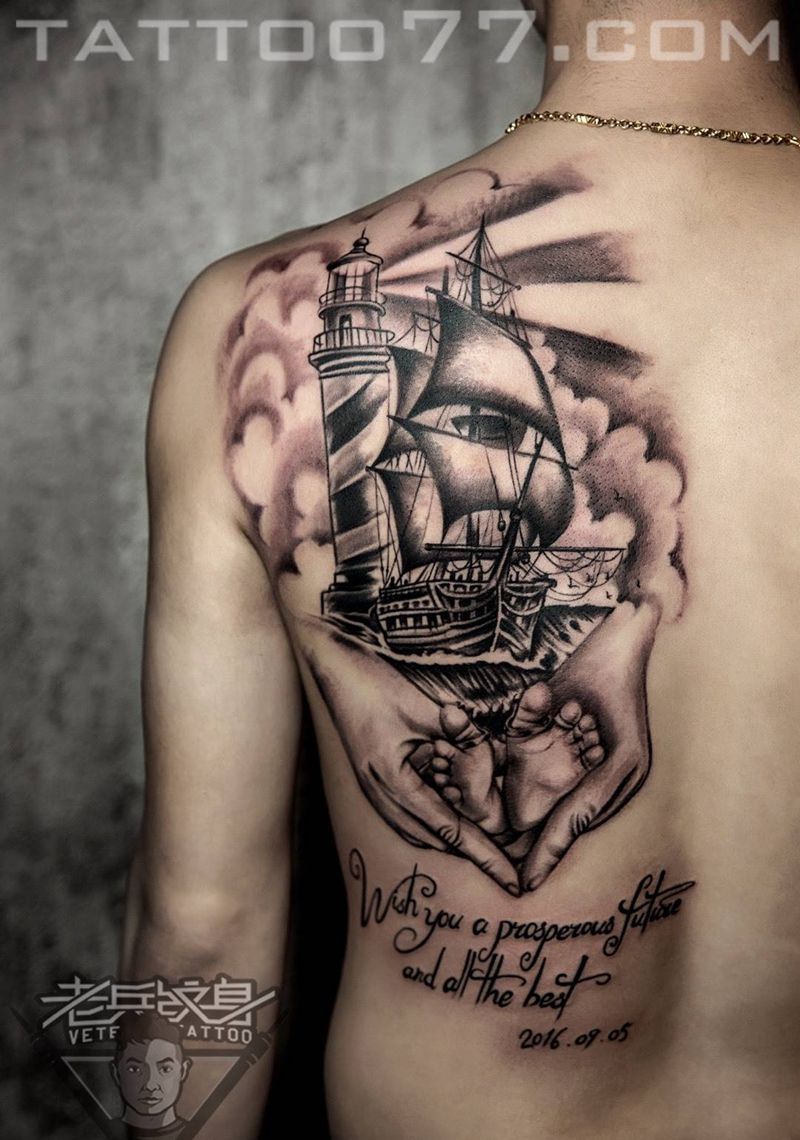 起航纹身图片_成品背部欧美写实人物原创纹身图案