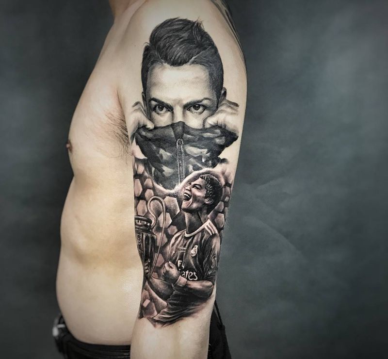 C罗纹身图片_成品手臂手部欧美写实肖像人物武汉纹艺刺刻原创纹身图案