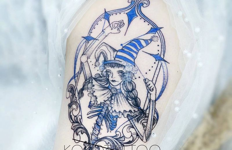 提线木偶纹身图片_腿部点刺提线木偶插画定制纹身图案