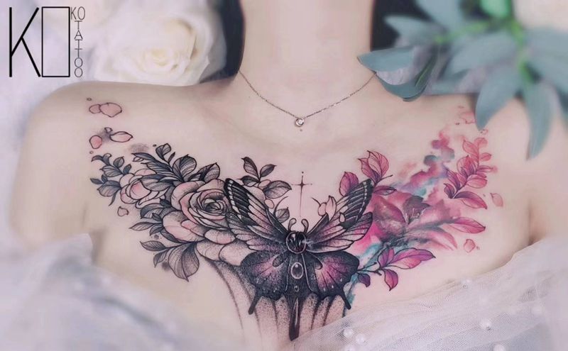 花卉＋蝴蝶添加纹身图片_胸部点刺花卉蝴蝶添加纹身图案
