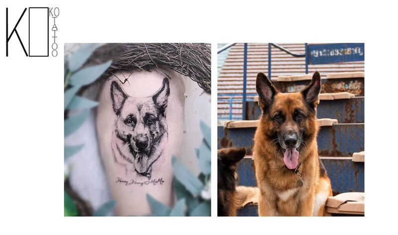 德牧纹身图片_腿部点刺欧美写实小写实定制设计宠物纹身图案