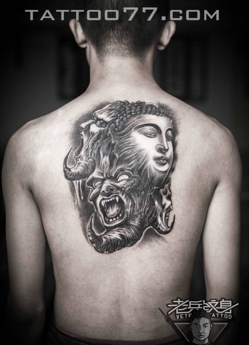 后背佛魔纹身作品纹身图片_成品背部传统鬼神纹身图案